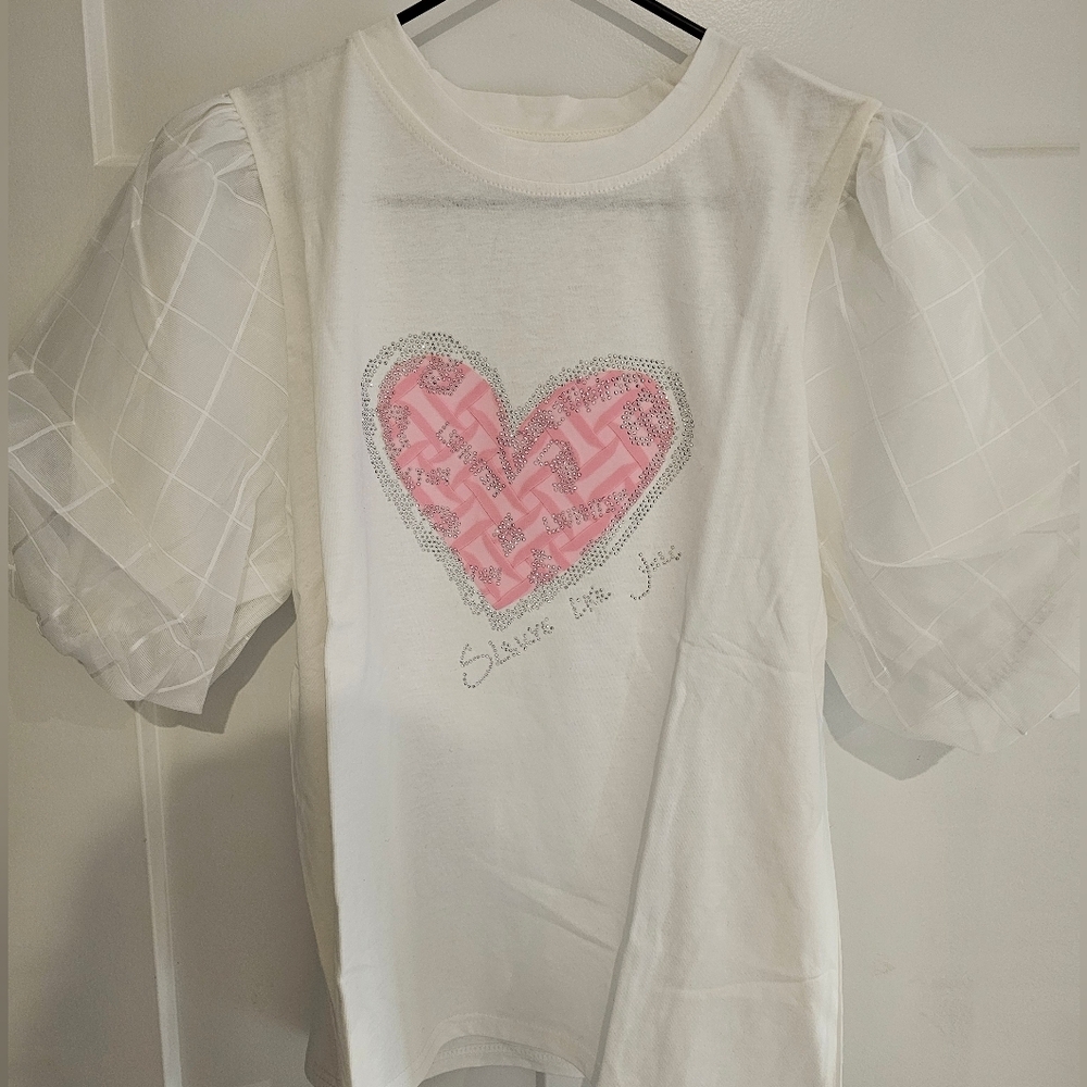 NWT Heart Rhinestone T-shirt Large White Pink Puff Sleeve